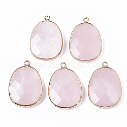 Natural Rose Quartz Pendants, with Golden Plated Edge Brass Findings, Faceted, Oval, 25~26x17~18x5mm, Hole: 1.4mm(X-G-T131-08H)