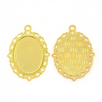 Tibetan Style Alloy Oval Pendant Cabochon Settings, Golden, Tray: 18~18.5x25~25.5mm, 40x29x2mm, Hole: 2mm