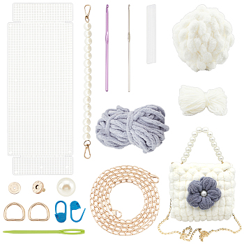 DIY Purse Weaving Kits, including Chunky Yarn, Magnetic Clasp, Mesh Sheet, Crochet Needle, White, 16x17~18x6cm
