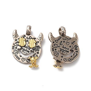 Rack Plating Brass Pendants, Lead Free & Cadmium Free, Monster with Skull Charm, Antique Silver, 33.5x24x6.5mm, Hole: 5.5mm