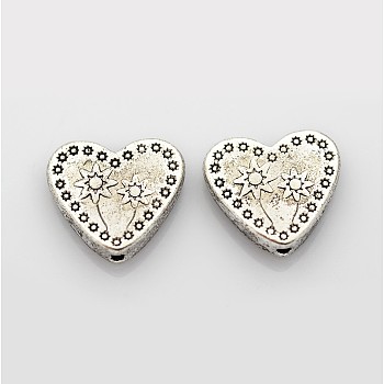 Tibetan Silver Alloy Beads, Heart Carved Flower, Mother's Day Gifts Making, Lead Free & Cadmium Free, Antique Silver, about 12mm long, 13mm wide, 3.5mm thick, hole: 2mm