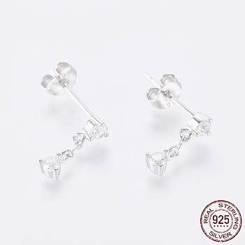 Rhodium Plated 925 Sterling Silver Dangle Stud Earrings, with Clear Cubic Zirconia, with S925 Stamp, Platinum, 11.5mm, Pin: 0.6mm