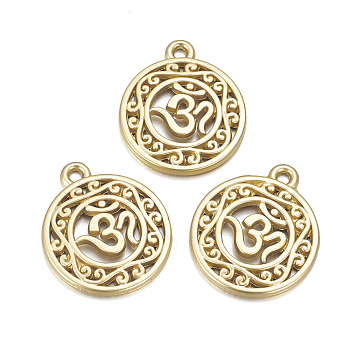 Alloy Pendants, Matte Style, Flat Round with Om Symbol, Cadmium Free & Lead Free, Real 14K Gold Plated, 22.5x19x2.5mm, Hole: 2mm