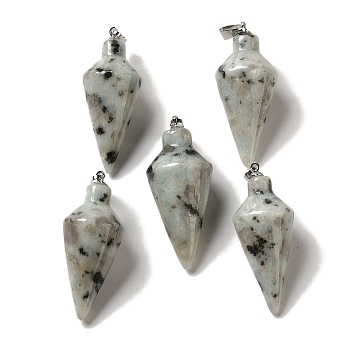 Natural Sesame Jasper Pendants, Cone Charms with Rack Plating Platinum Plated Brass Snap on Bails, 36~36.5x15~15.5mm, Hole: 5~6.5x2mm