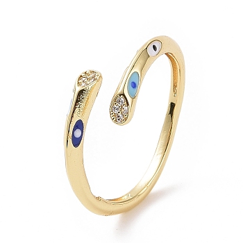 Clear Cubic Zirconia Teardrop Open Cuff Ring with Enamel Evil Eye, Brass Jewelry for Women, Golden, Inner Diameter: 17mm