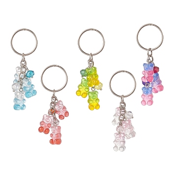Gradient Color Transparent Resin Bear Charm Keychain, with Iron Key Rings, Mixed Color, 73mm