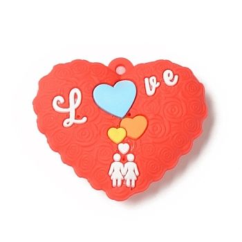 Opaque Resin Pendants, Love Heart Charm, Orange Red, Couple, Heart Pattern, 36x45x10mm, Hole: 3mm