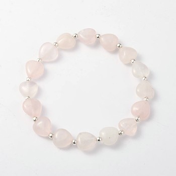 Heart Rose Quartz Stretch Bracelets, with Silver Color Plated Iron Finding, 57mm