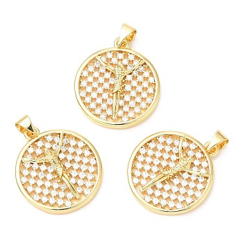 Rack Plating Brass Micro Pave Cubic Zirconia Pendants, Long-Lasting Plated, Lead Free & Cadmium Free, Flat Round, Real 18K Gold Plated, 22.5x20x3.5mm, Hole: 4x3.5mm