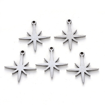 304 Stainless Steel Pendants, Laser Cut, Eight Pointed Star, Stainless Steel Color, 15x15x1mm, Hole: 1.2mm