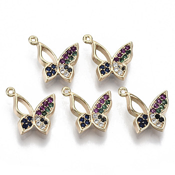 Brass Micro Pave Cubic Zirconia Charms, Nickel Free, Real 18k Gold Plated, Butterfly, Colorful, 12x13x3mm, Hole: 1mm