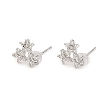 Brass Stud Earrings, with Clear Cubic Zirconia and Ear Nuts, Flower, Platinum, 8x8mm, Pin: 0.9mm