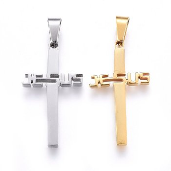 304 Stainless Steel Pendants, Cross with Word Jesus, Mixed Color, 31x17x2.2mm, Hole: 8x4mm