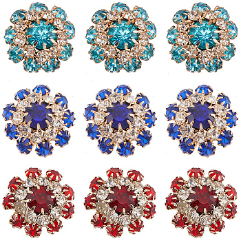 18Pcs 3 Colors 1-Hole Alloy Rhinestone Shank Buttons, Garment Accessories, Flower, Mixed Color, 21.5x10mm, Hole: 2mm, 6pcs/color