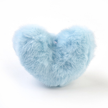 Handmade Faux Rabbit Fur Pom Pom Ball Covered Pendants, Fuzzy Bunny Hair Balls, with Elastic Fiber, Heart, Sky Blue, 85~90x85~110x45~55mm, Hole: 4x5mm