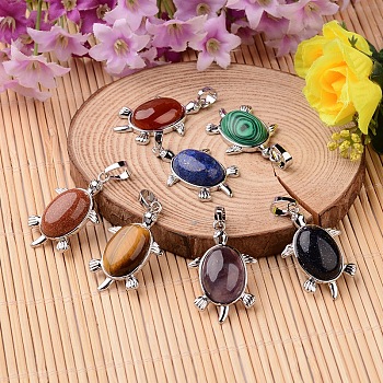 Tortoise Platinum Tone Brass Natural & Synthetic Mixed Stone Pendants, 34x21x7mm, Hole: 5x7mm
