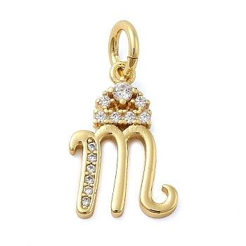 Brass Micro Pave Cubic Zirconia Pendants, with Jump Ring, Letter M, 16.5x12x2mm, Ring: 6x1mm, Inner Diameter: 4mm