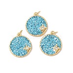 Brass Micro Pave Cubic Zirconia Pendants, with Polymer Clay Rhinestone, Flat Round with Star Charms, Cadmium Free & Lead Free, Rack Plating, Long-Lasting Plated, with Jump Ring, Real 18K Gold Plated, Sky Blue, 18x16x2.5mm, Hole: 3mm(KK-C143-47G-01)