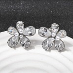 Flower Brass Micro Pave Clear Cubic Zirconia Stud Earrings, with ABS Imitation Pearl Beads, Long-Lasting Plated, Cadmium Free & Lead Free, Platinum, 16.5x19mm(EJEW-P333-02P)