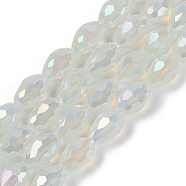 Opaque Solid Color Electroplate Glass Beads Strands, AB Color Plated, Faceted, Teardrop, Floral White, 11.5x8mm, Hole: 1.2mm, about 55~57pcs/strand, 25.59 inch(65cm)(EGLA-N013-J8mm-B02)