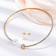 Round Plastic Imitation Pearl Stud Earrings & Rhinestone Cuff Choker Necklaces Sets, Heart 304 Stainless Steel Jewerly Set for Women, Golden, Inner Diameter: 4.43 inch(112.5mm)(SJEW-U003-11G)