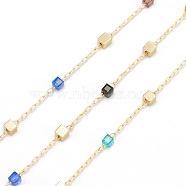 Handmade Glass Beaded Chains, with Brass Charms and Spool, Soldered, Long-Lasting Plated, Golden, Square, Colorful, 2x1x0.5mm, 32.8 Feet(10m)/roll(CHC-K011-07G)