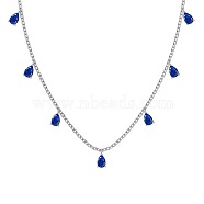 Rhodium Plated 925 Sterling Silver Pave Blue Cubic Zirconia Cable Chain Teardrop Tassel Necklaces for Women, Real Platinum Plated, 15.94 inch(40.5cm)(NJEW-Q342-14P)