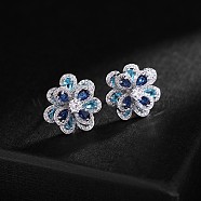 Copper & Zirconia Flower Petal Stud Earrings for Women, Elegant and Luxurious, Platinum, 21x21mm(ZY3251-2)