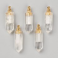 Faceted Natural Quartz Crystal Pendants, Rock Crystal Pendants, Openable Perfume Bottle, with Golden Tone Brass Findings, Bullet, 46~47x13~14x11~12mm, Hole: 4.5mm, capacity: 1ml(0.03 fl. oz)(G-H252-F07)