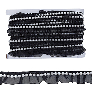 Polyester Lace Trim, with Imitation Pearl Beads, Flat, Black, 1-1/8 inch(28mm), 10yard/card(OCOR-WH0075-17B)
