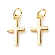 Brass Pendants, with Jump Ring, Cadmium Free & Lead Free, Cross, Real 18K Gold Plated, 15x8x1.5mm, Hole: 3.5mm(KK-P208-02G-RS)