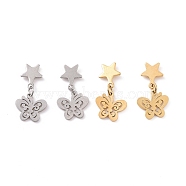304 Stainless Steel Butterfly with Star Dangle Stud Earrings for Women, Mixed Color, 22.5mm, Pin: 0.8mm(EJEW-G328-07)