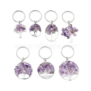 Natural Amethyst Chip & Alloy Tree of Life Pendant Keychain, with Iron Split Key Rings, 5.9~6.8cm(KEYC-JKC00648-06)