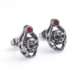 Retro 304 Stainless Steel Stud Earrings, with Cubic Zirconia and Ear Nuts, Skull, Red, Antique Silver, 14.5x9.8mm, Pin: 0.6mm(EJEW-L248-050AS)