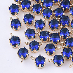 Transparent Glass Charms, with Brass Findings, Faceted, Crown, Light Gold, Medium Blue, 8.5x6x5mm, Hole: 1mm(GLAA-T007-17A)