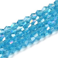 Transparent Electroplate Glass Beads Strands, AB Color Plated, Faceted, Bicone, Deep Sky Blue, 3.5~3.8mm, about 113~115pcs/strand, 36~36.5cm(GLAA-F029-3mm-A19)