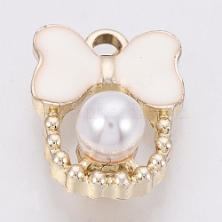 Alloy Enamel Pendants, with ABS Plastic Imitation Pearl, Bowknot, Golden, White, 18x13x7.5mm, Hole: 2mm(ENAM-Q427-02C)