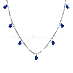 Rhodium Plated 925 Sterling Silver Pave Blue Cubic Zirconia Cable Chain Teardrop Tassel Necklaces for Women, Real Platinum Plated, 15.94 inch(40.5cm)(NJEW-Q342-14P)