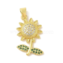 Rack Plating Brass Micro Pave Cubic Zirconia Pendants, Cadmium Free & Lead Free, Long-Lasting Plated, Sunflower, Green, Real 18K Gold Plated, 25x15x4mm, Hole: 3x4mm(KK-S380-29G-02)