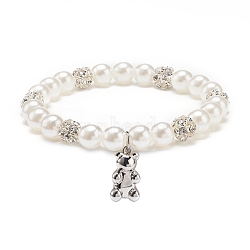 ABS Plastic Imitation Pearl  & Rhinestone Beaded Stretch Bracelet with Alloy Charm for Women, White, Bear Pattern, Prendant: 17.5x9.5x5mm, Inner Diameter: 2-1/8 inch(5.3cm)(BJEW-JB08526-02)