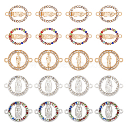 50pcs 5 styles Religion Alloy Connector Charms, with Rhinestone, Flat Round Links with Virgin Pattern, Mixed Color, 18~23x15~24x1.7~2mm, Hole: 1.8mm, 10pcs/style(FIND-HY0002-42)