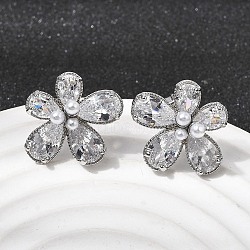 Flower Brass Micro Pave Clear Cubic Zirconia Stud Earrings, with ABS Imitation Pearl Beads, Long-Lasting Plated, Cadmium Free & Lead Free, Platinum, 16.5x19mm(EJEW-P333-02P)