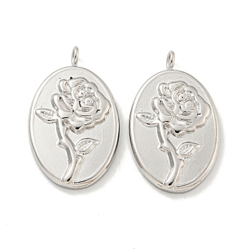 Non-Tarnish 304 Stainless Steel Pendants, Oval with Rose Charms, Stainless Steel Color, 23.5x14.5x2.8mm, Hole: 2mm