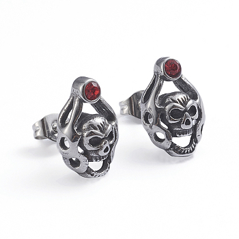 Retro 304 Stainless Steel Stud Earrings, with Cubic Zirconia and Ear Nuts, Skull, Red, Antique Silver, 14.5x9.8mm, Pin: 0.6mm
