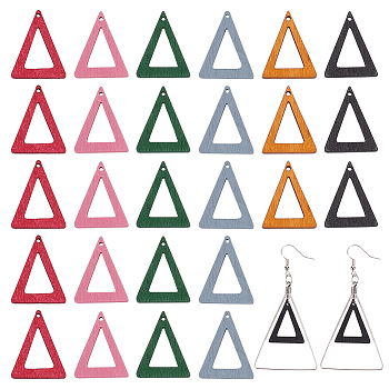 120Pcs 6 Colors Wood Pendants, Dyed, Hollow Triangle Charms, Mixed Color, 24.5~25x19.5~20x2~3mm, Hole: 1.2mm, 30pcs/color