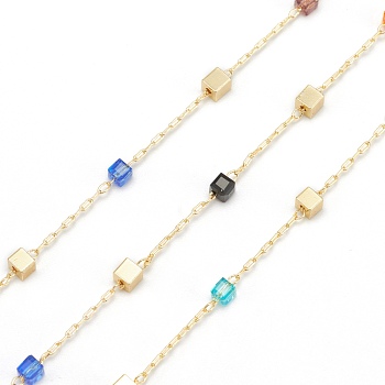 Handmade Glass Beaded Chains, with Brass Charms and Spool, Soldered, Long-Lasting Plated, Golden, Square, Colorful, 2x1x0.5mm, 32.8 Feet(10m)/roll