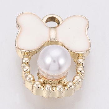Alloy Enamel Pendants, with ABS Plastic Imitation Pearl, Bowknot, Golden, White, 18x13x7.5mm, Hole: 2mm