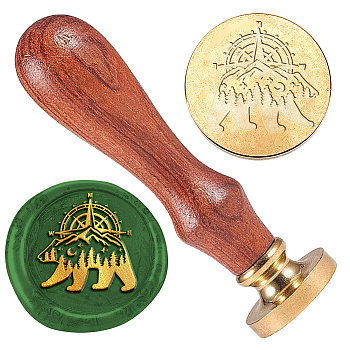Wax Seal Stamp Set, 1Pc Golden Tone Sealing Wax Stamp Solid Brass Head, with 1Pc Wood Handle, for Envelopes Invitations, Gift Card, Bear, 83x22mm, Stamps: 25x14.5mm