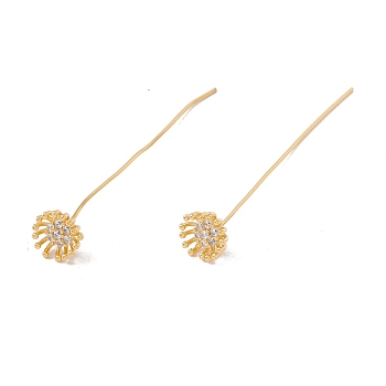 Brass Micro Pave Clear Cubic Zirconia Flower Head Pins, Golden, 48.5mm, Pin: 21 Gauge(0.7mm), Flower: 8mm in diameter