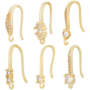 12 Pairs 6 Style Brass Micro Pave Clear Cubic Zirconia Earring Hooks, Ear Wire with Horizontal Loops, Real 18K Gold Plated, 15~18.5mm, Hole: 1~1.2mm, Pin: 0.8~1.2mm, 2 Pairs/style